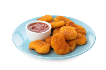 Tasty chicken nuggets with chili sauce isolated on white