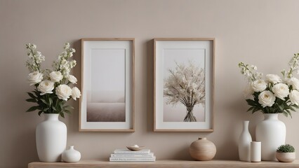 An empty modern living room with a stylish furniture set and picture frames on the wall 3d illustration template image.