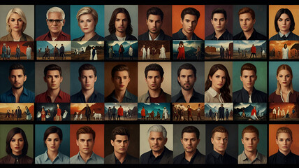 Obraz premium Composite portrait of mug shots of different serious young women headshots, including all ethnic, racial, geographic types of women in the world on gray background.
