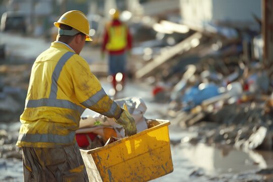 A worker in a yellow jacket and hard hat carries a yellow container through debris in a disaster zone.