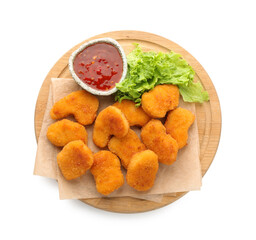 Board with hot chili sauce, lettuce and nuggets isolated on white, top view