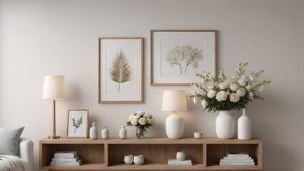 An empty modern living room with a stylish furniture set and picture frames on the wall 3d illustration template image.