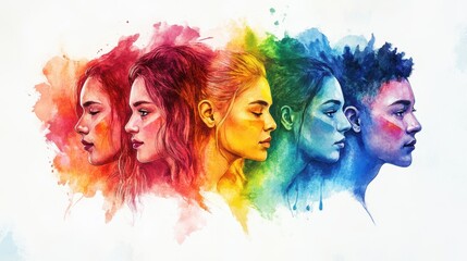 Fototapeta premium A vibrant watercolor illustration depicting five diverse women in profile, showcasing a spectrum of colors representing unity and diversity