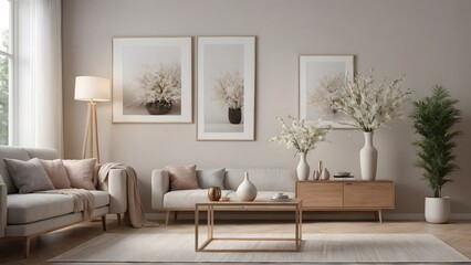 Fototapeta premium An empty modern living room with a stylish furniture set and picture frames on the wall 3d illustration template image.