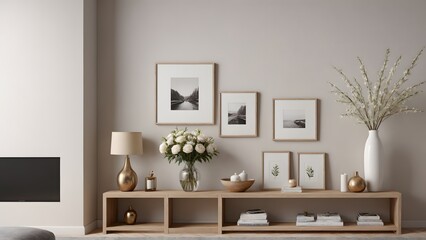 An empty modern living room with a stylish furniture set and picture frames on the wall 3d illustration template image.