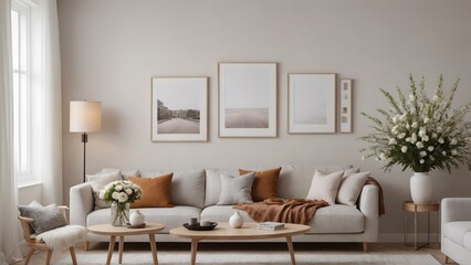An empty modern living room with a stylish furniture set and picture frames on the wall 3d illustration template image.