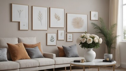 An empty modern living room with a stylish furniture set and picture frames on the wall 3d illustration template image.