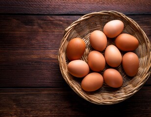 Basket of eggs on a dark wooden background