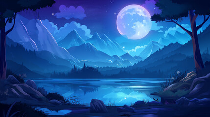 The Night forest mountain lake cartoon background, game background, Illustration