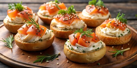 Crunchy everything bagel bites filled with decadent smoked salmon and tangy cream cheese, perfectly toasted for a delightful savory snack or appetizer.