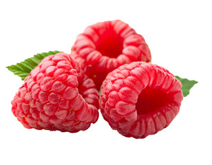 Close-up of three raspberries isolated on a transparent background.