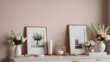 An empty modern living room with a stylish furniture set and picture frames on the wall 3d illustration template image.