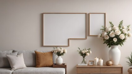 An empty modern living room with a stylish furniture set and picture frames on the wall 3d illustration template image.