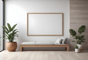 A minimalist living room with a large blank frame on the wall, a wooden bench, and a potted plant.