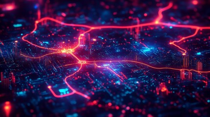 Obraz premium A vibrant digital cityscape illuminated by neon lights, showcasing interconnected roads and buildings in a futuristic design
