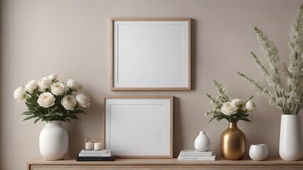 An empty modern living room with a stylish furniture set and picture frames on the wall 3d illustration template image.