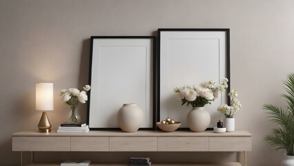 An empty modern living room with a stylish furniture set and picture frames on the wall 3d illustration template image.