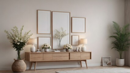 Close up view of the empty photo frames and wooden console with other decorative items, photo frames and flowers interior 3d illustration image.