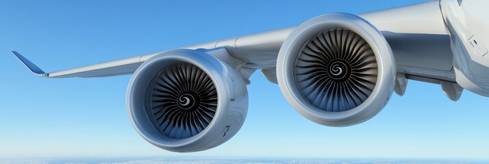 Twin Engine Airplane. Modern Twin Jet Engine Aircraft Flying in Detailed Panoramic View
