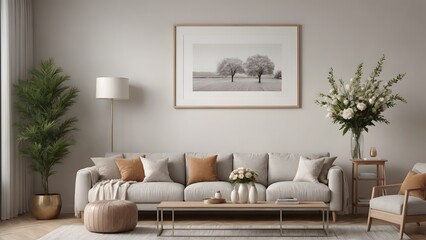 Close up view of the wooden console with other decorative items, photo frames and flowers interior  3d illustration image.