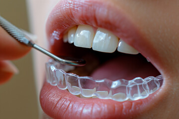 A Close-up View of a Dental Check-up with a Clear Aligner Being Examined by a Dental Tool, Focusing on Healthy White Teeth and Dental Care