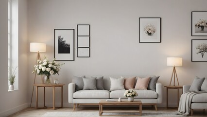 Close up view of the wooden console with other decorative items, photo frames and flowers interior 3d illustration image.