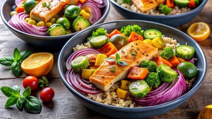 Vibrant salmon fillets sit atop nutritious quinoa bowls, accompanied by a colorful medley of roasted vegetables, including Brussels sprouts, sweet potatoes, and red onions.