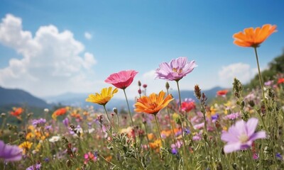 Fototapeta premium A field of flowers with a bright blue sky in the background generative AI illustration