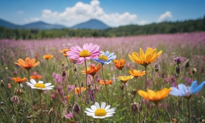 Obraz premium A field of flowers with a bright blue sky in the background generative AI illustration