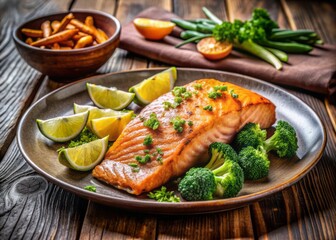 Freshly baked salmon fillet served with crispy roasted sweet potato wedges and a side of steamed broccoli on a rustic wooden dining table.