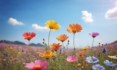 A field of flowers with a bright blue sky in the background generative AI illustration
