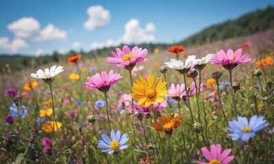 Fototapeta premium A field of flowers with a bright blue sky in the background generative AI illustration