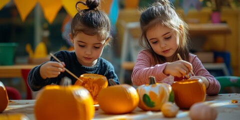 Fototapeta premium Vibrant Celebration of National Color Day: Children's Imaginative Pumpkin Art in Vivid Hues, a 4K Surrealist Photo Journey.