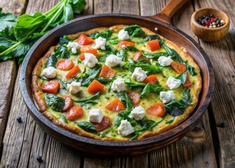Vibrant breakfast dish featuring a crispy-edged frittata loaded with smoked salmon, fresh spinach, and crumbled feta cheese, served on a rustic wooden background.