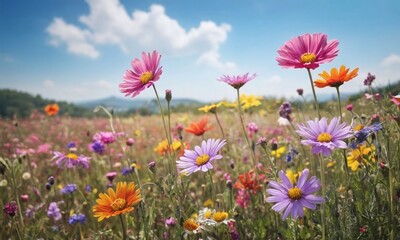 Obraz premium A field of flowers with a bright blue sky in the background generative AI illustration