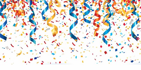 Colorful confetti and streamers falling on white background.