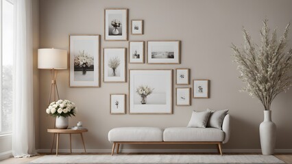 Close up view of the wooden console with other decorative items, photo frames and flowers interior 3d illustration image.
