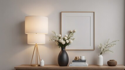 Close up view of the empty photo frames and wooden console with other decorative items, photo frames and flowers interior 3d illustration image.