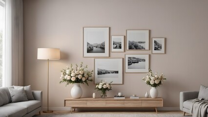 Fototapeta premium Close up view of the wooden console with other decorative items, photo frames and flowers interior 3d illustration image.