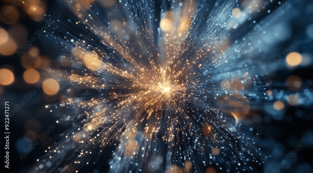 Poster an abstract representation of light particles exploding, showcasing vivid colors and mesmerizing pat