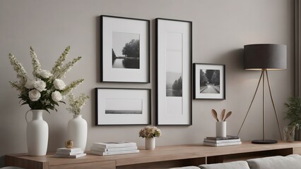 A close up living room interior with an empty mock-up poster frame on the wall, wooden console with a few decorative items and flowers interior image 3d illustration.