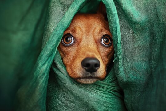 Storm Mascot. Scared Dog Covered in Green Curtain During Fireworks Display