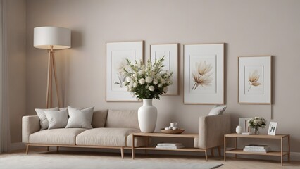 A close up living room interior with an empty mock-up poster frame on the wall, wooden console with a few decorative items and flowers interior 3d illustration image.