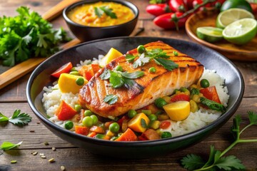 Vibrant Indian-inspired curry dish featuring grilled salmon, mixed vegetables, and fragrant coconut milk-infused jasmine rice, garnished with fresh cilantro and a sprinkle of toasted spices.