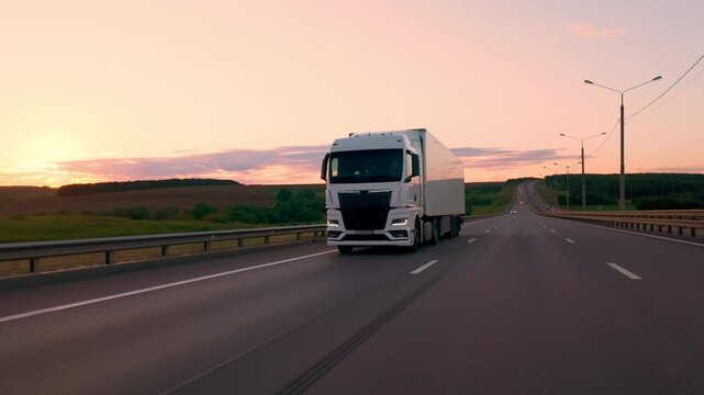 White truck with cargo trailer driving on intercity highway in countryside at sunset, logistics and delivery of goods by freight transportation.