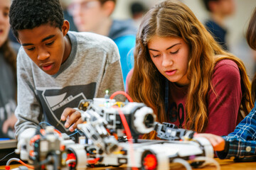 Fototapeta premium Focused Students in a Robotics Workshop