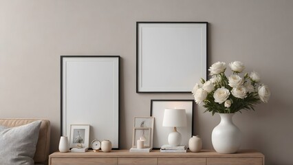 A close up of the wooden console with a few decorative items and flowers with an empty mock-up frames on the wall interior design 3d illustration image.
