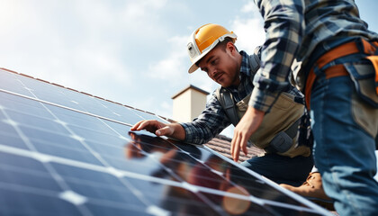 Male Technician in Hard Hat Installing Solar Panels on Residential Rooftop for Renewable Energy Solutions in a Sustainable Environment
