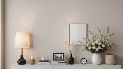 A close up view of the wooden console with a few decorative items and flowers with an empty mock-up photo frame on the wall, Interior 3d illustration image.