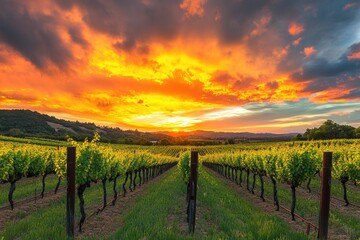 Fototapeta premium Winery Sonoma. Dramatic and Colorful Sunset Over Vineyard with Vibrant Orange and Yellow Sky